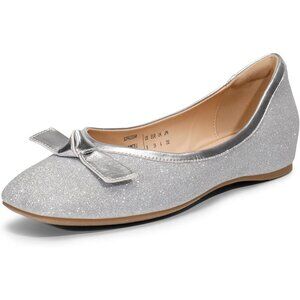 Dream Pairs Women's Silver Faux Leather Square Toe Low Wedge Ballet Flats Shoes